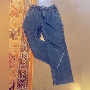 Rag and Bone Ruth Super High Rise Straight Denim. Frayed hem, carpenter pockets.